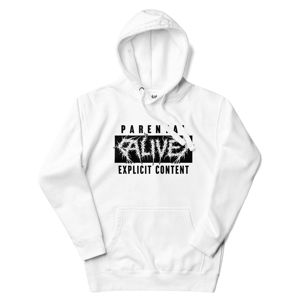 Parental advisory ALIVE hoodie white — bold streetwear - front view 1

