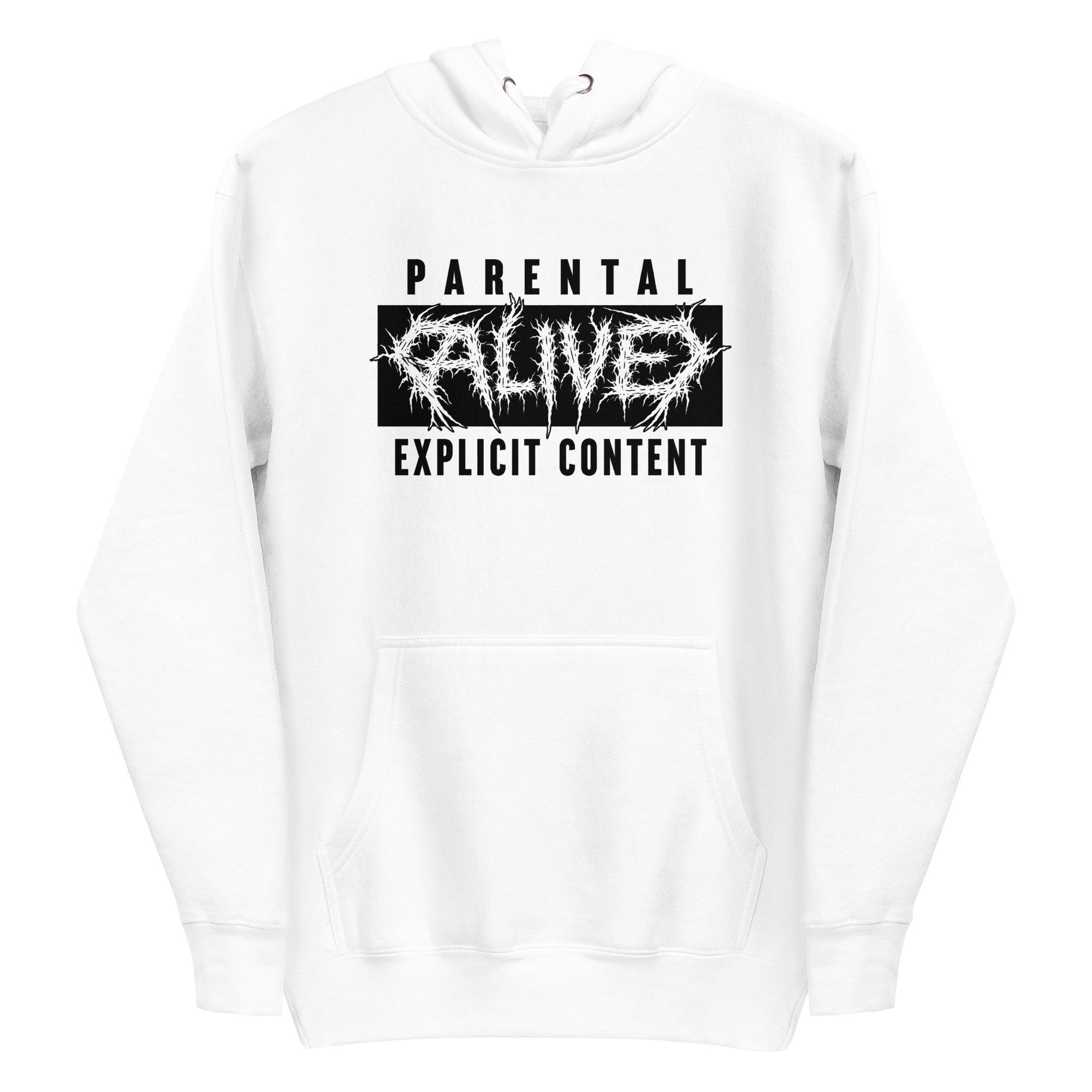 Parental advisory ALIVE hoodie white — bold streetwear - front view 2
