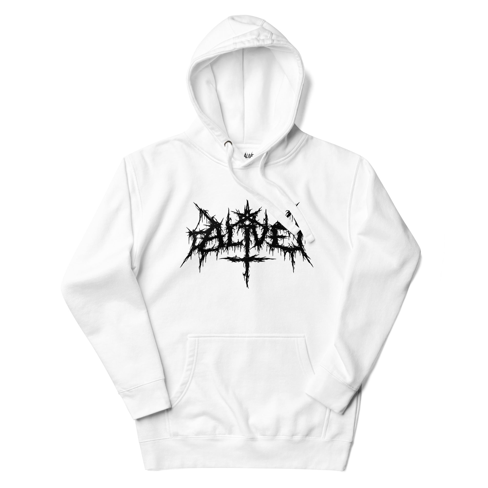 Sigil-style ALIVE hoodie white — minimalist streetwear - front view
