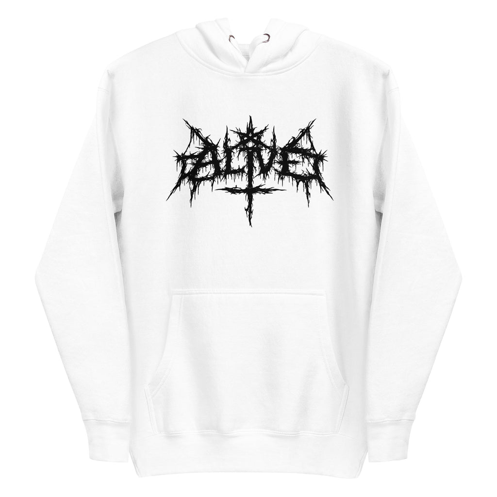 Sigil-style ALIVE hoodie white — minimalist streetwear - front view 2

