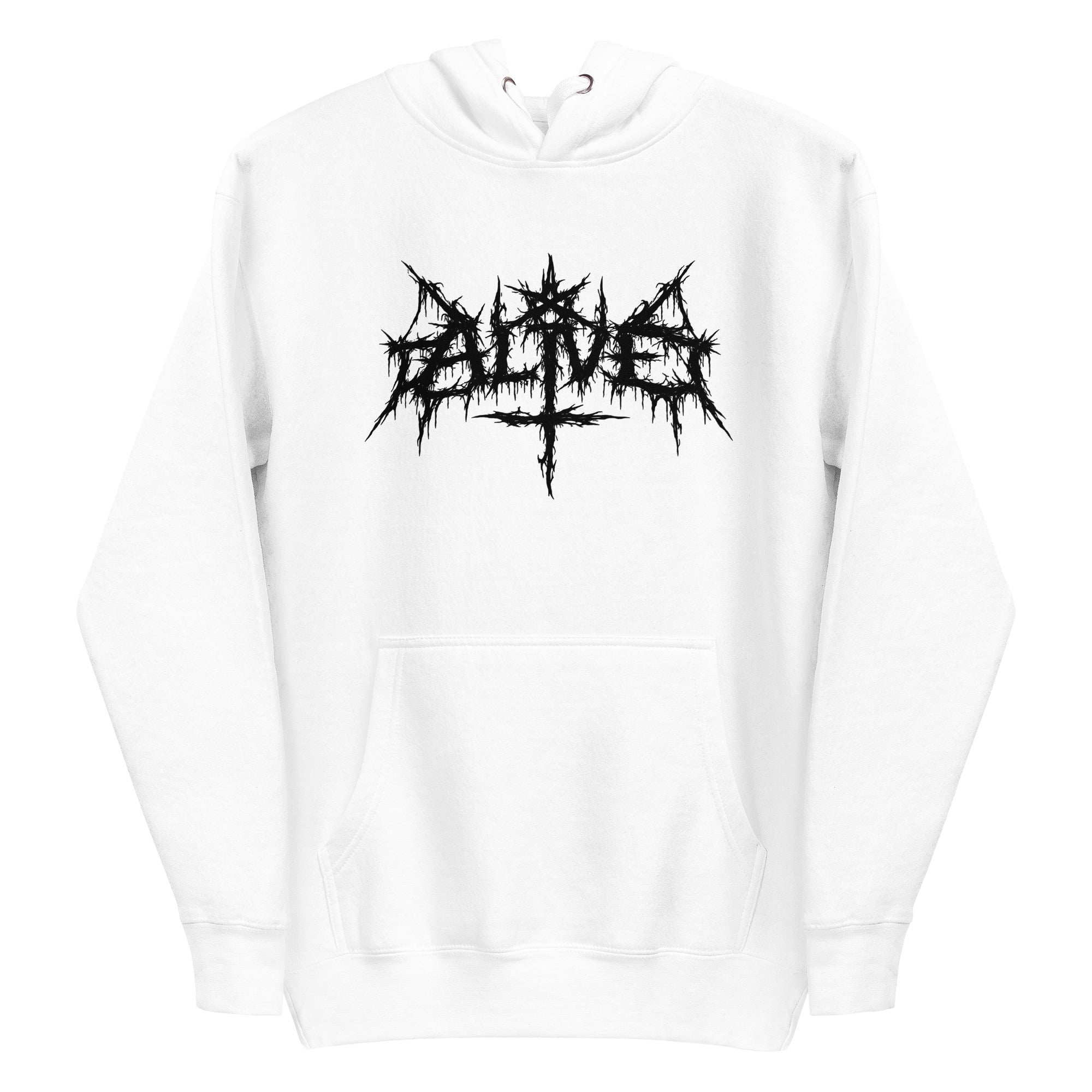 Sigil-style ALIVE hoodie white — minimalist streetwear - front view 2
