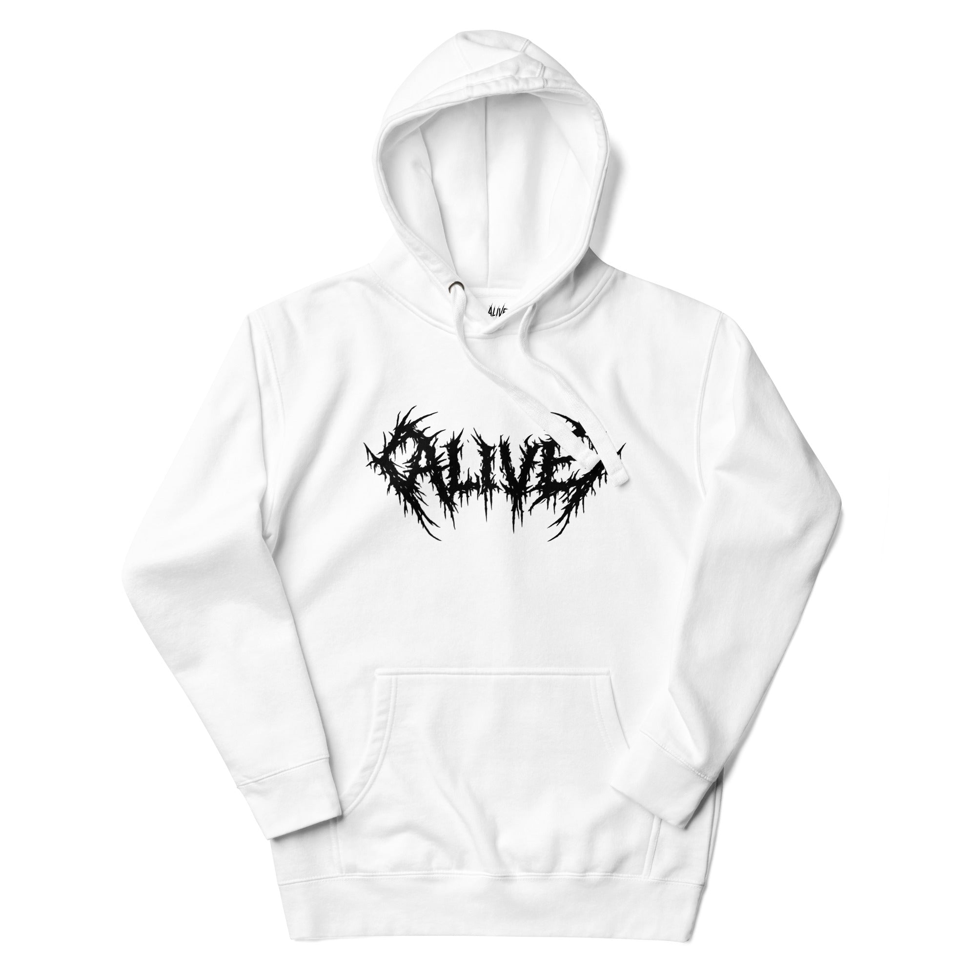Thorn logo ALIVE hoodie white — minimalist streetwear - front view 1