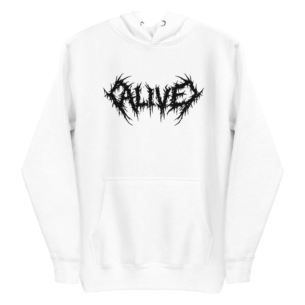 Thorn logo ALIVE hoodie white — minimalist streetwear - front view 2